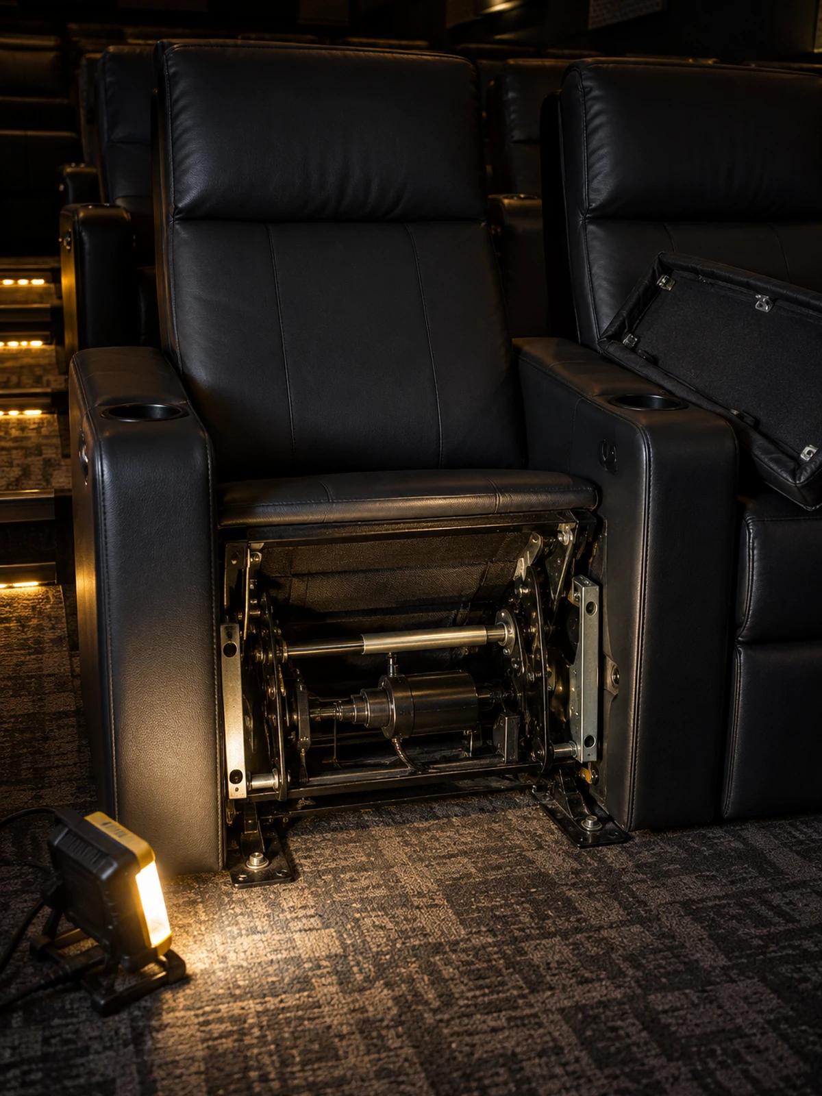 A cinema seat panel removed, mechanism still mounted on the frame