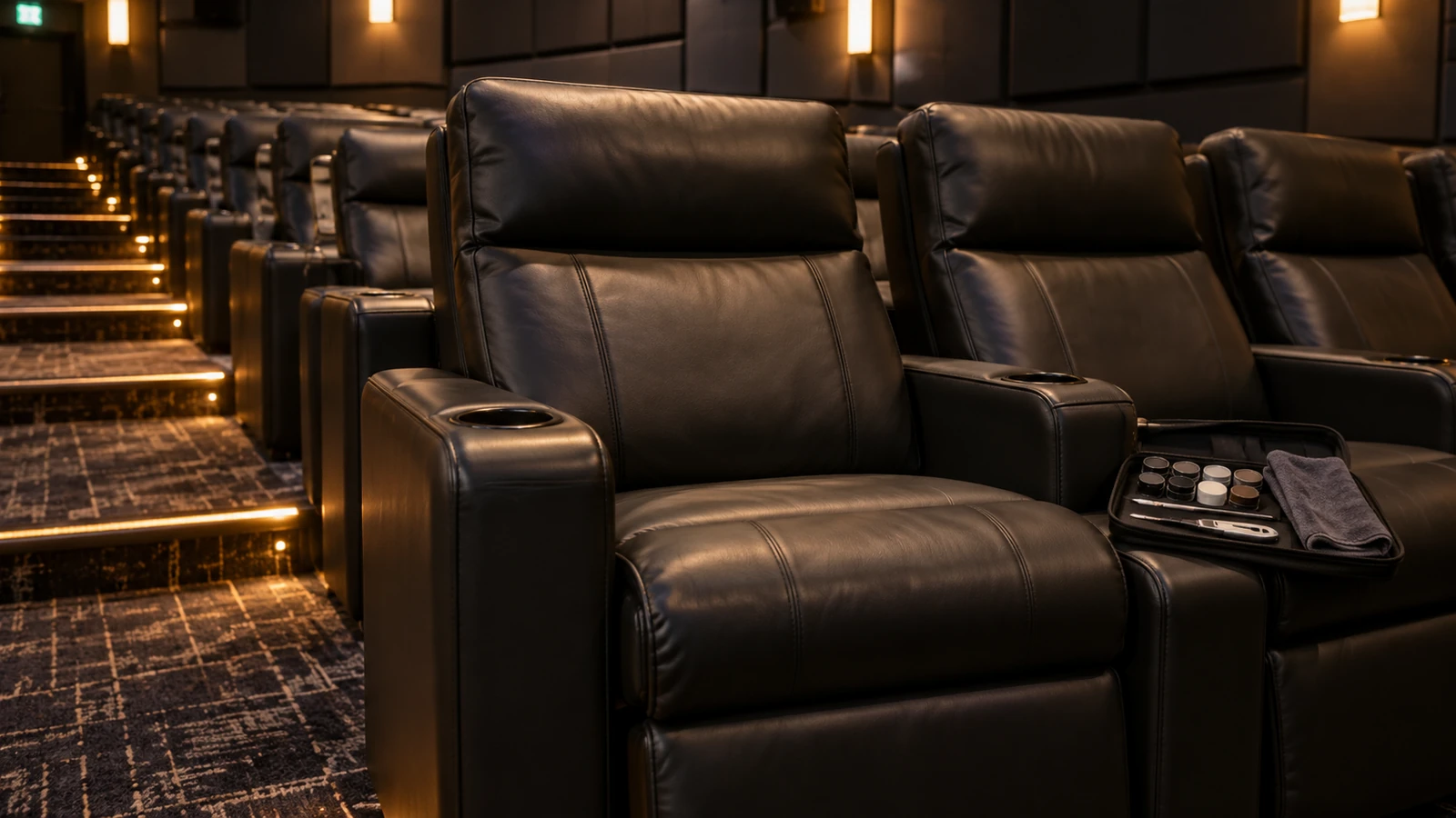 A single cinema recliner being worked on between screenings, cleaning cloth and kit on the seat beside it