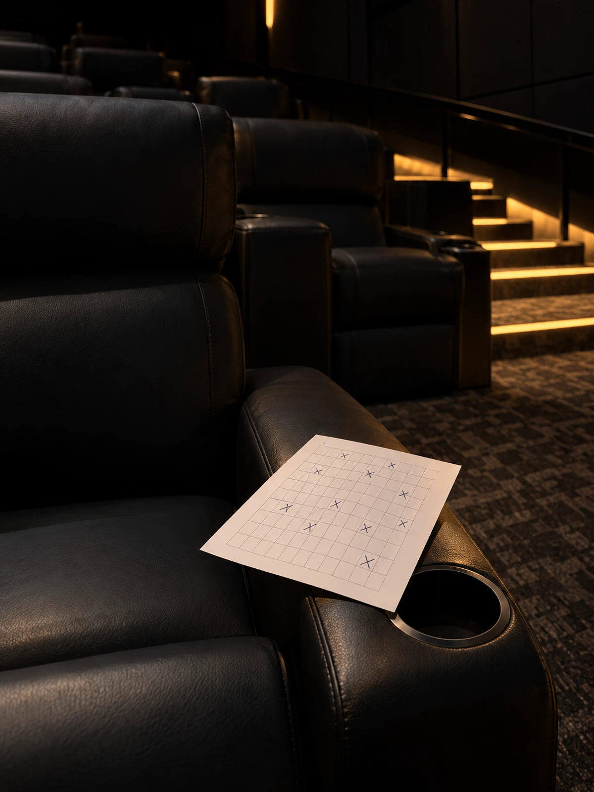 A printed cinema seating plan with blocked seats marked, resting on a recliner arm