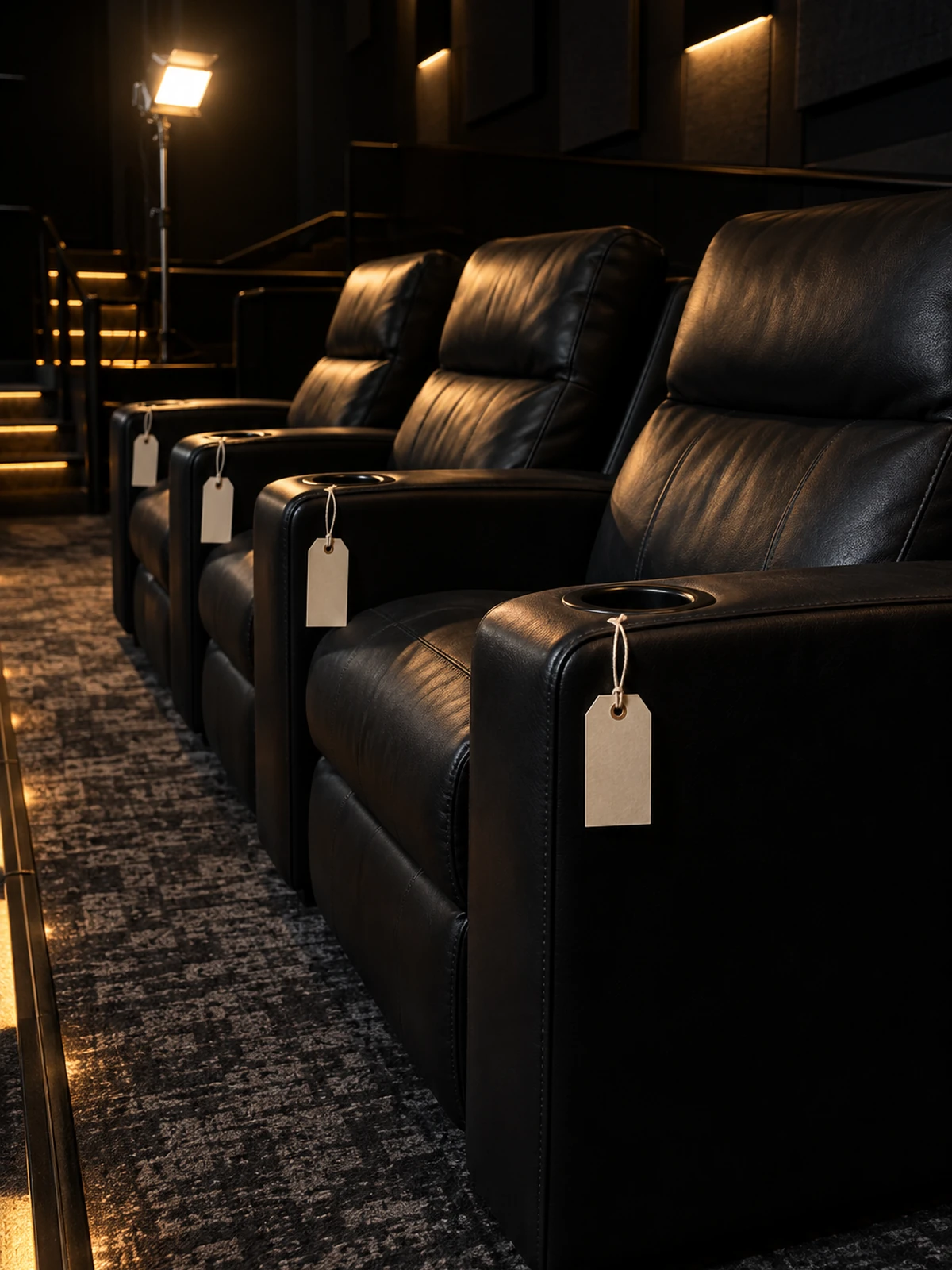 Cinema recliners tagged for repair in an aisle