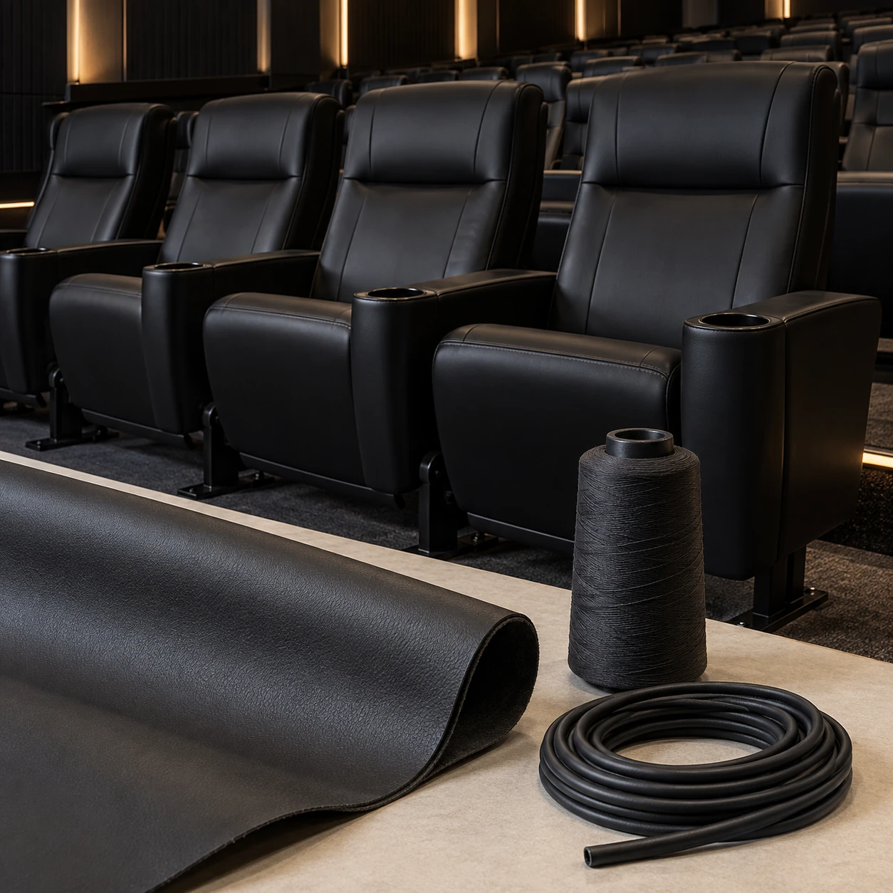 Thread and piping samples for cinema seating