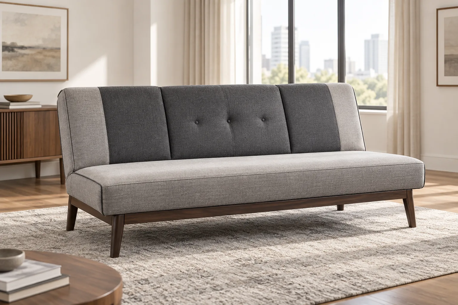 An armless click-clack convertible sofa on wooden legs