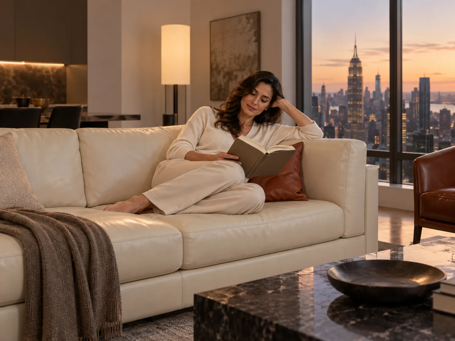 Client relaxing on a restored leather sofa in a penthouse living room