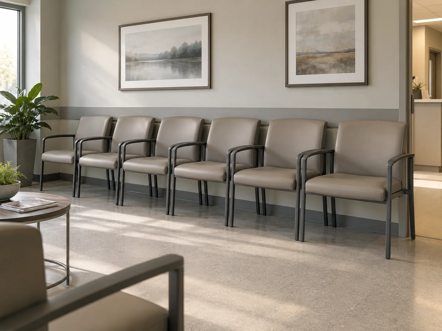 A row of taupe waiting room chairs along a clinic wall