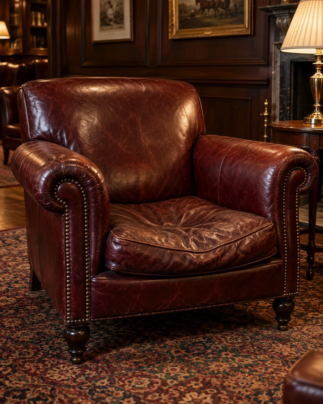 A deep leather armchair with a collapsed seat cushion