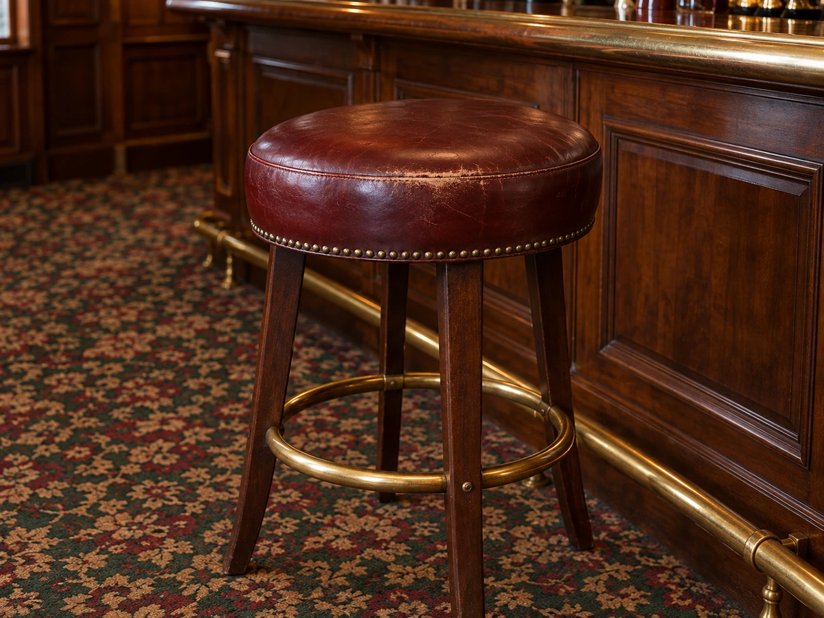 Red leather bar stool with worn seat, before
