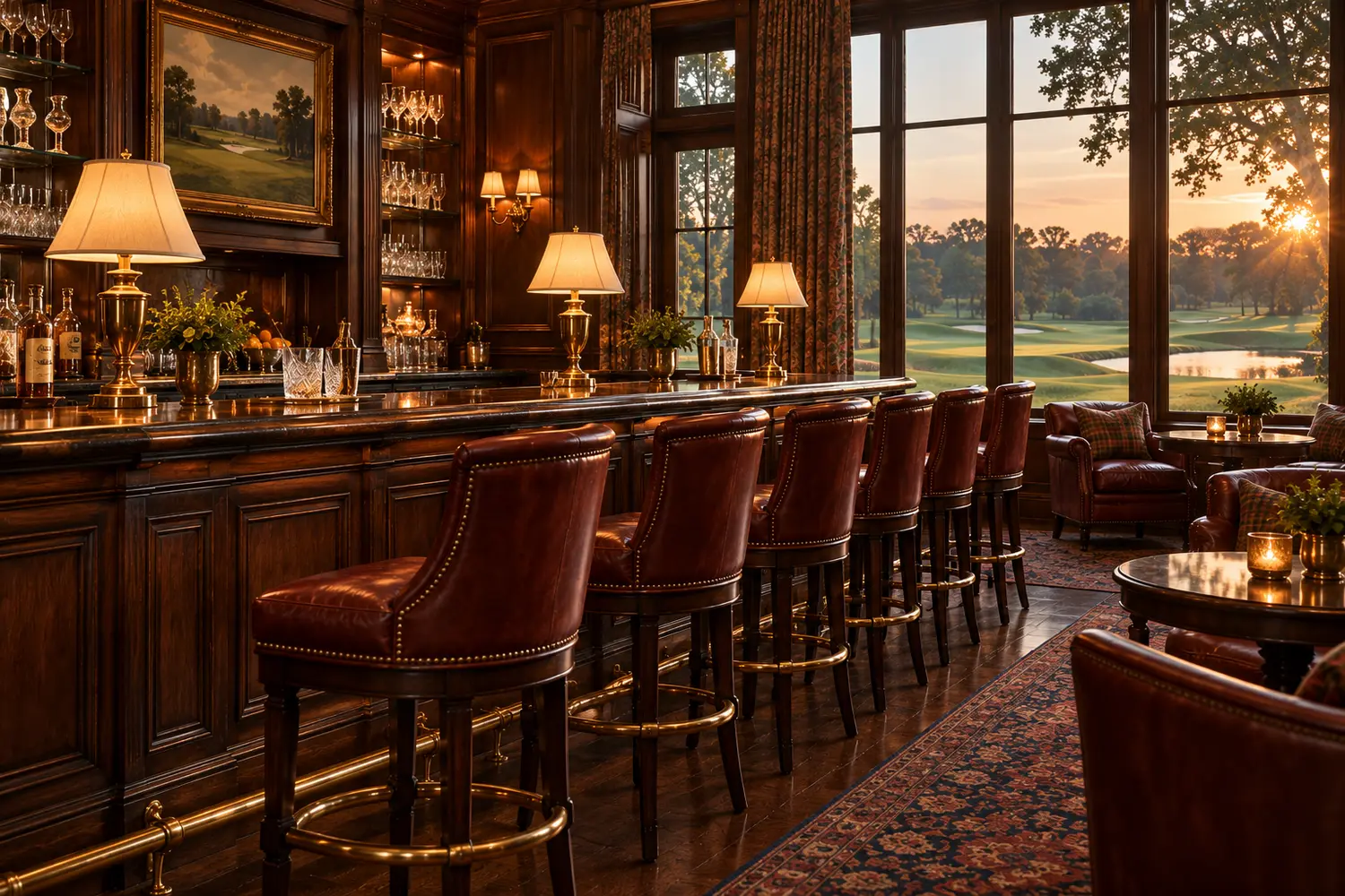 Leather bar stools along the bar at a club's nineteenth hole