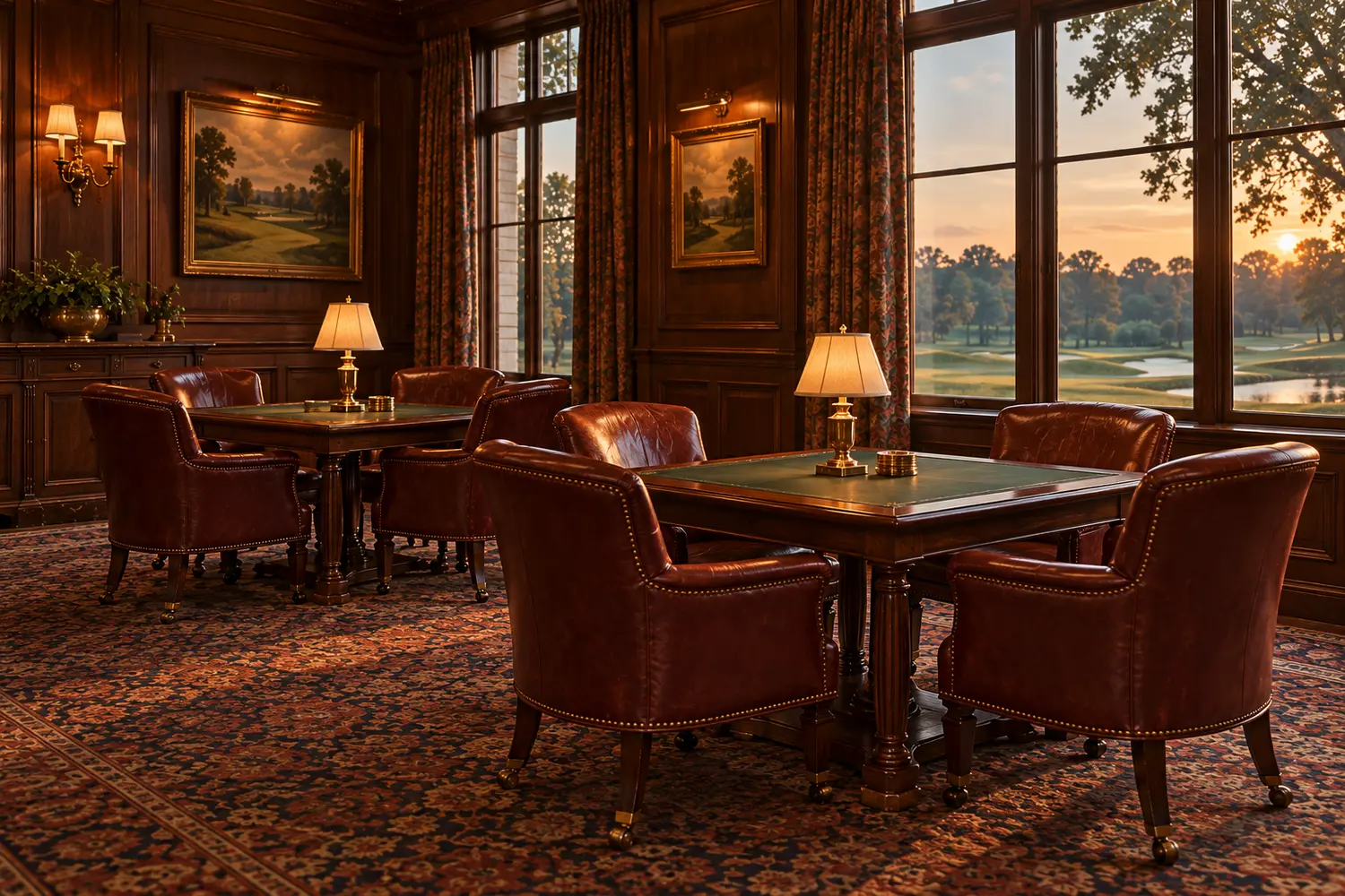 Card room tables and upholstered chairs in a private club