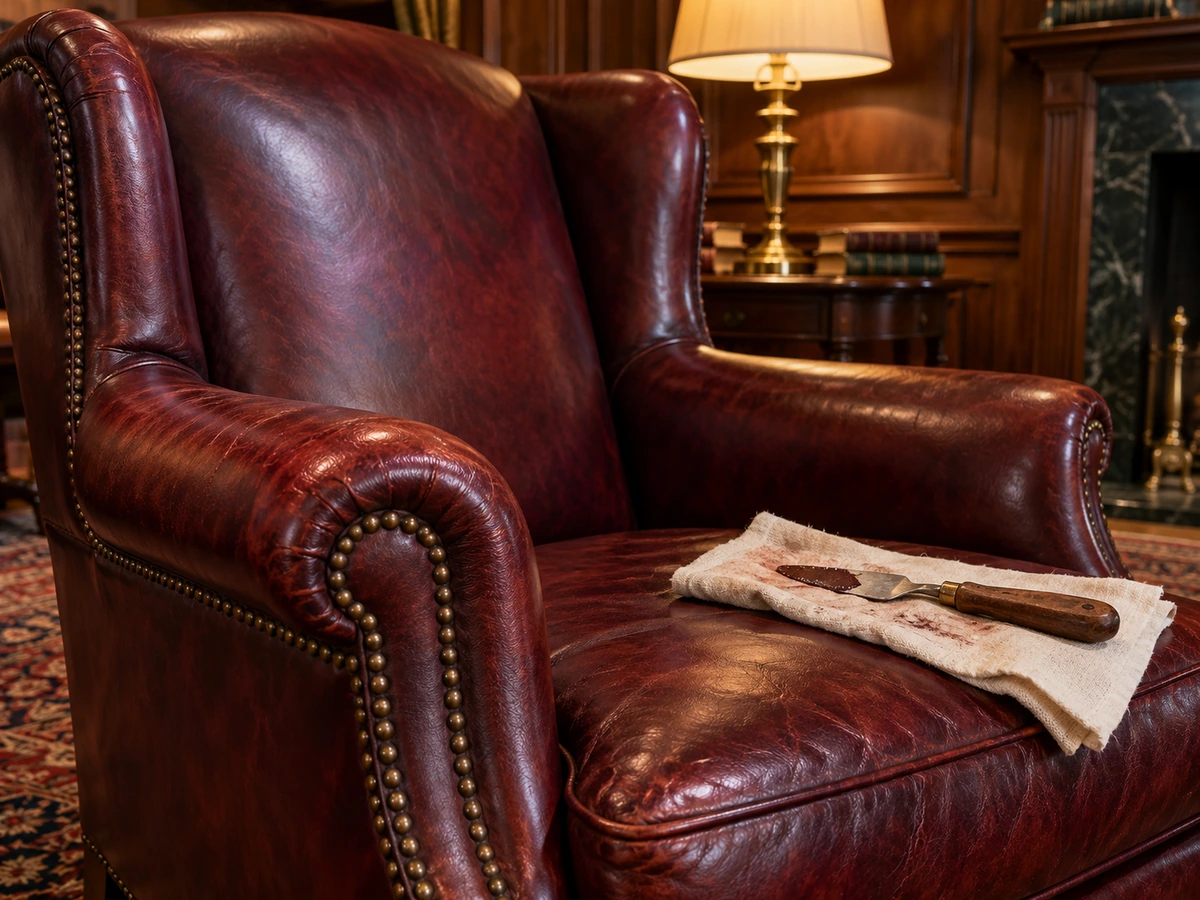 The cracked club chair arm cleaned and filled, palette knife resting on a cloth
