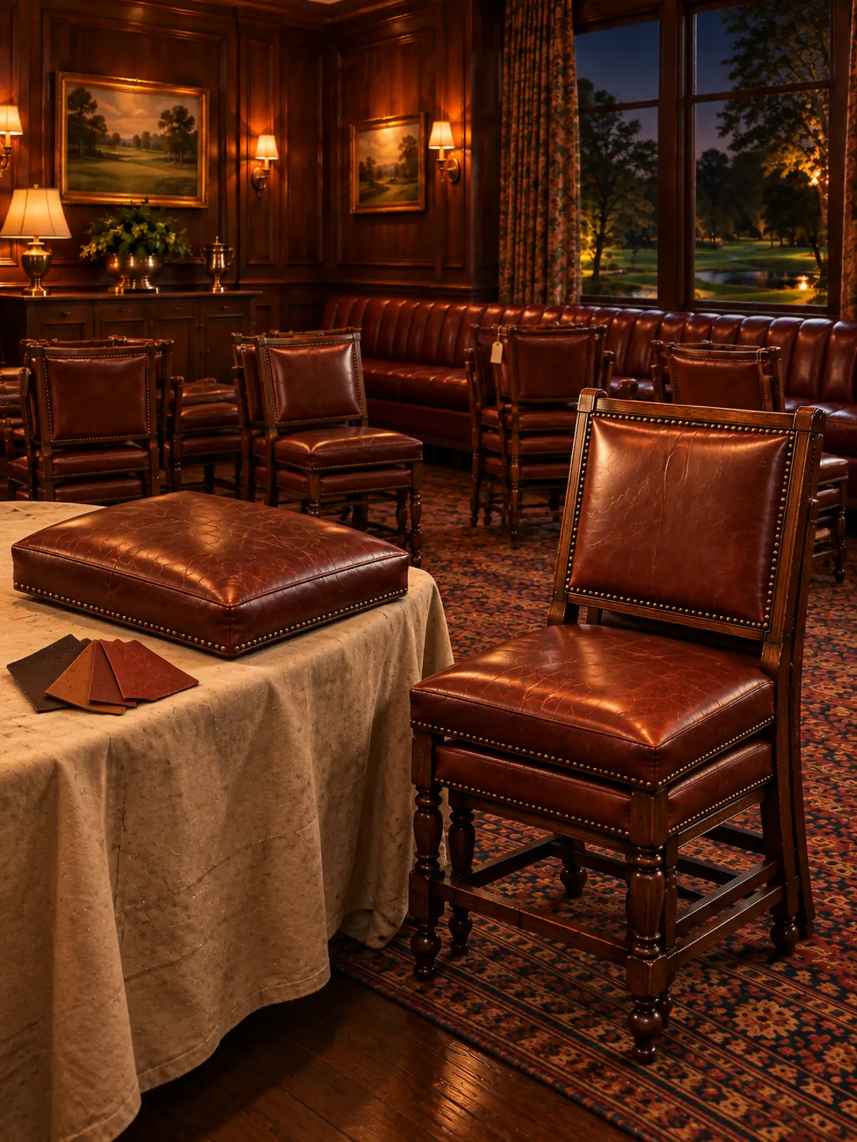 A club chair seat being color matched against a chair that is staying