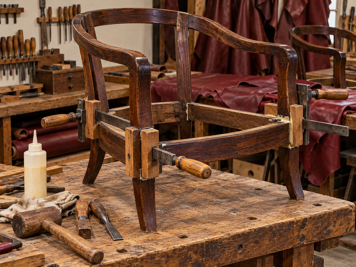 Chair frame clamped with reglued joints