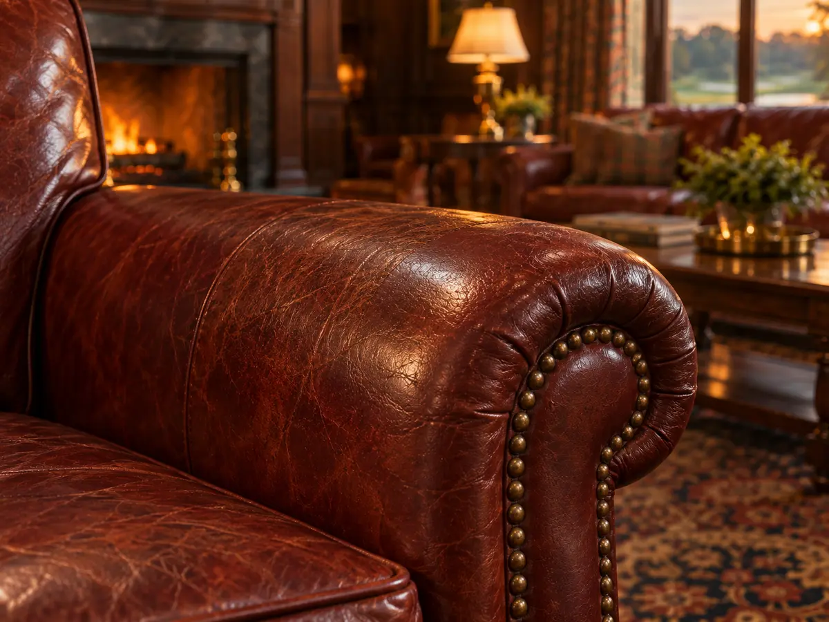 A repaired club chair arm blended into the leather around it
