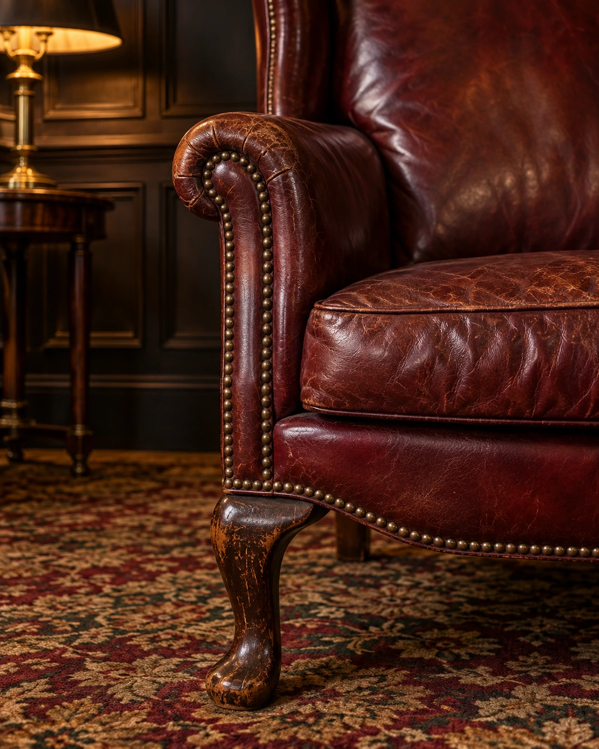 Red leather chair with a scuffed wood leg