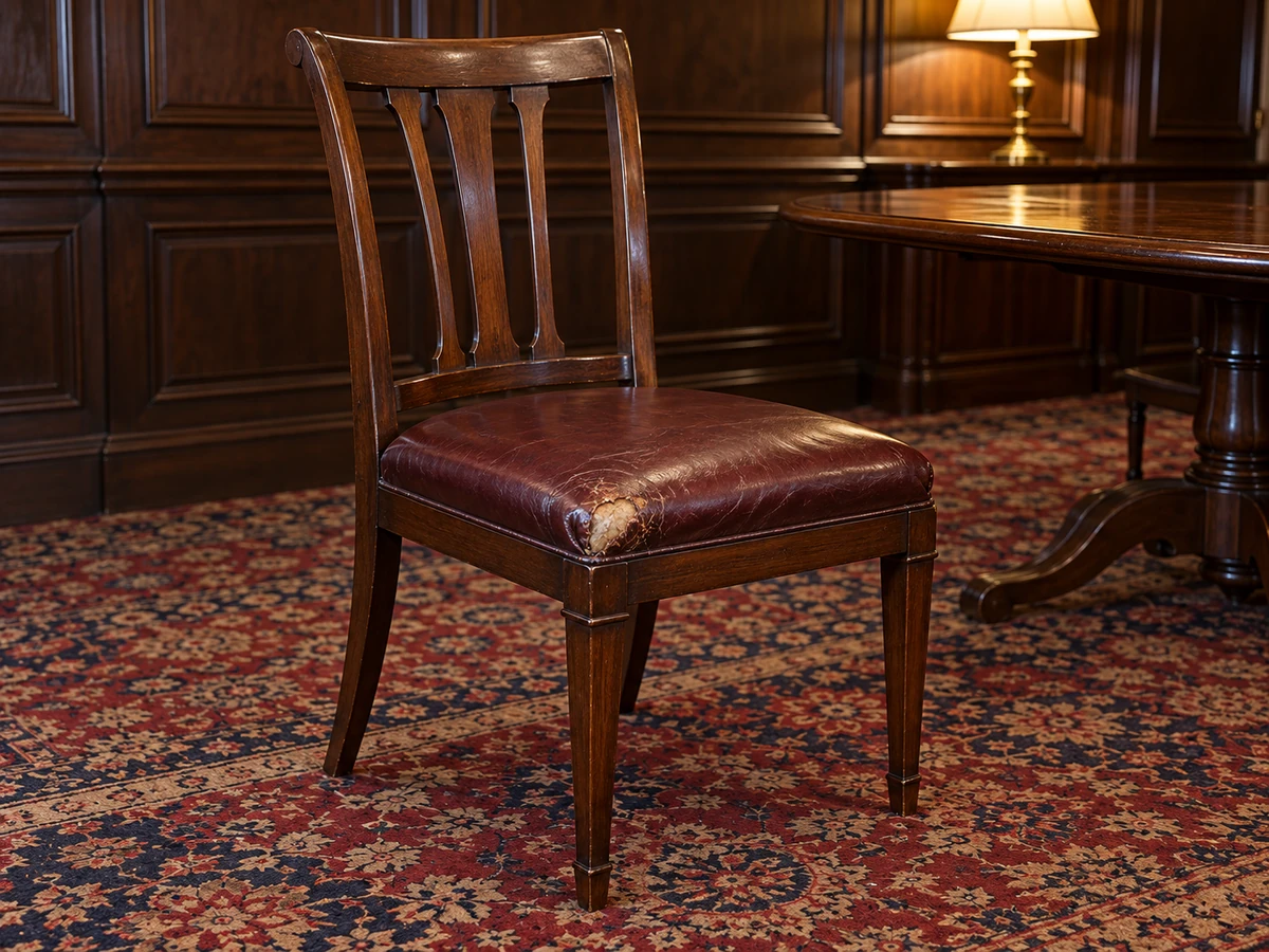 Before: a club dining chair with a worn-through seat
