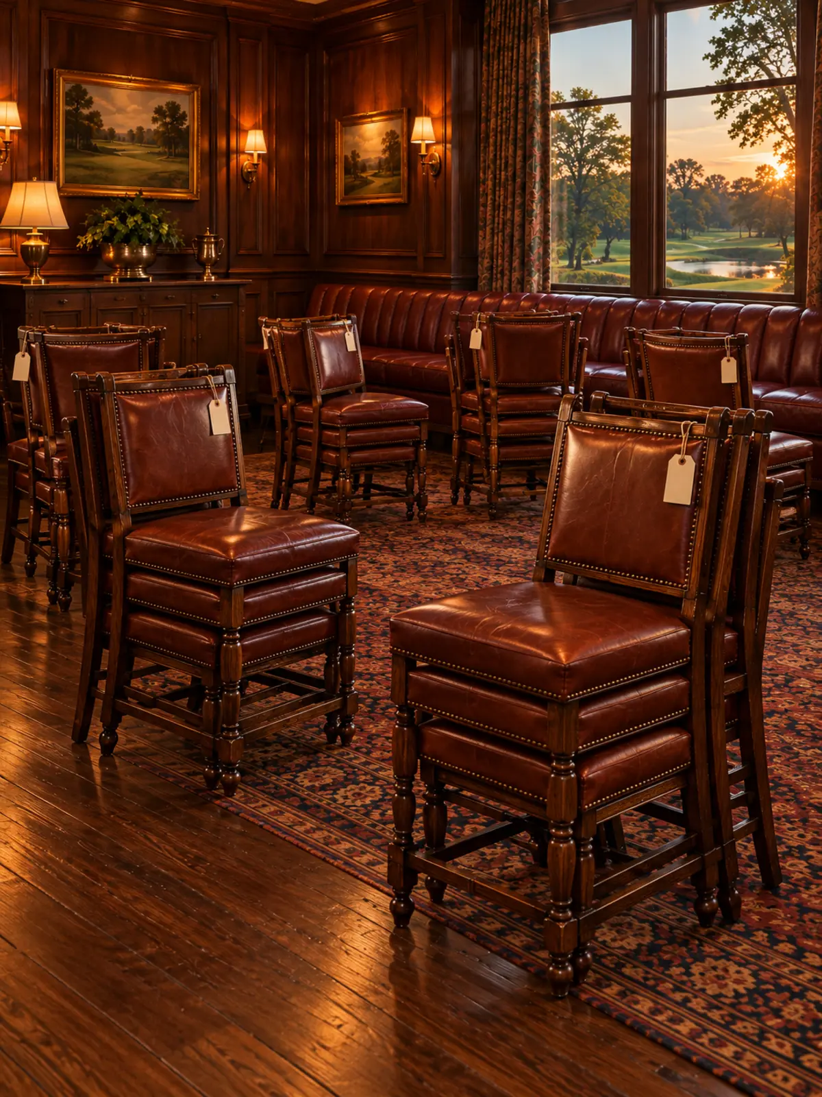 Club dining chairs stacked and tagged during a walkthrough count