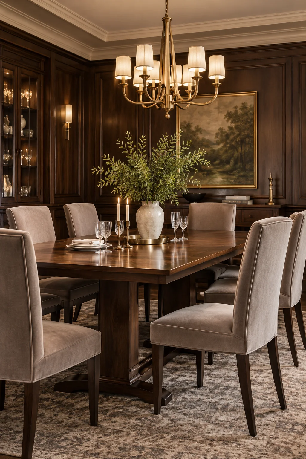 Warm walnut club dining room with recovered chairs