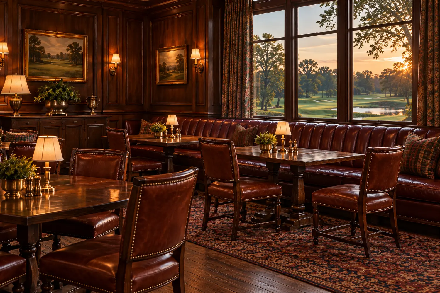 Dining chairs and banquettes in a club grill room