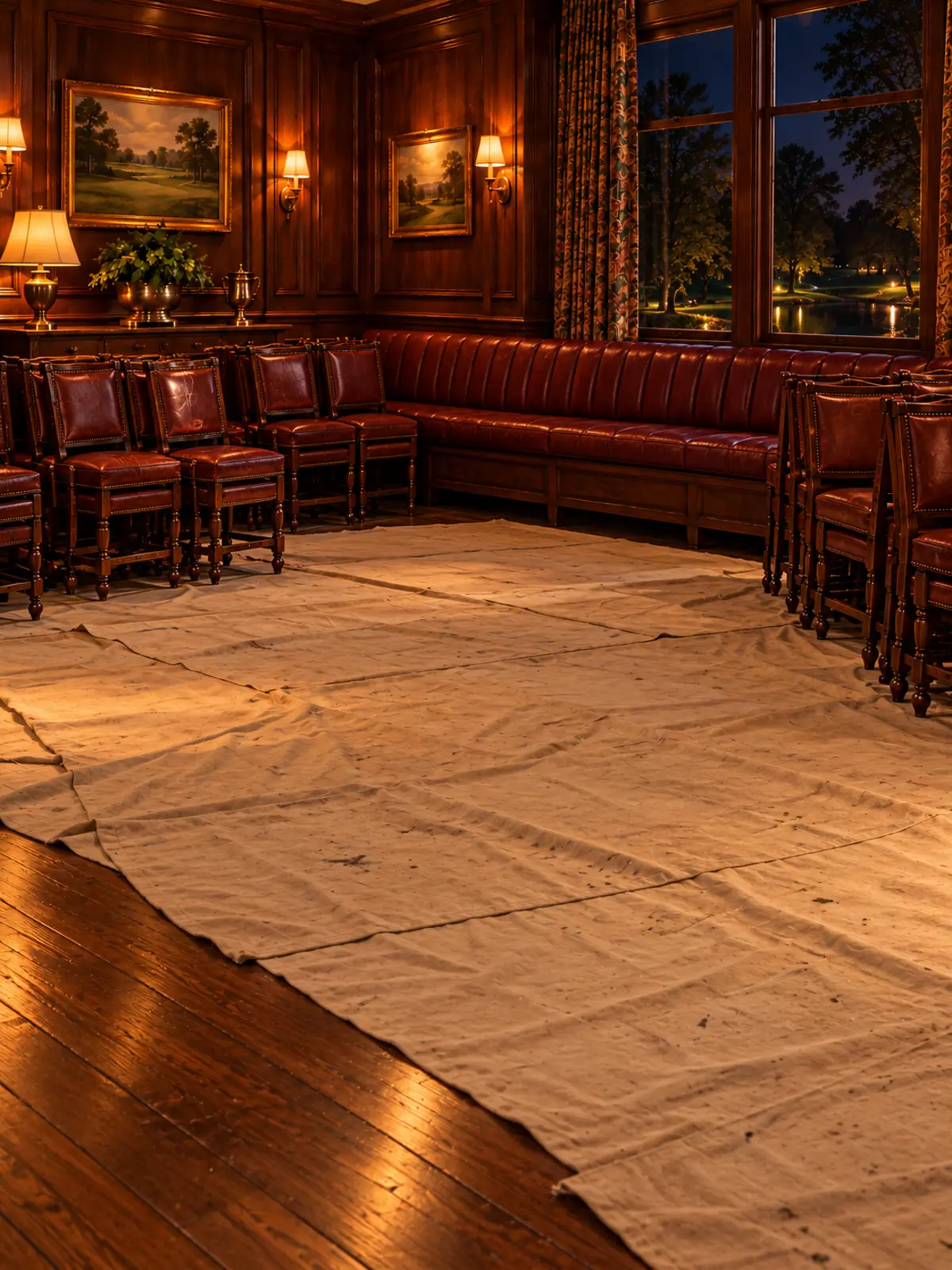 A club grill room at night with floors covered and tables moved aside