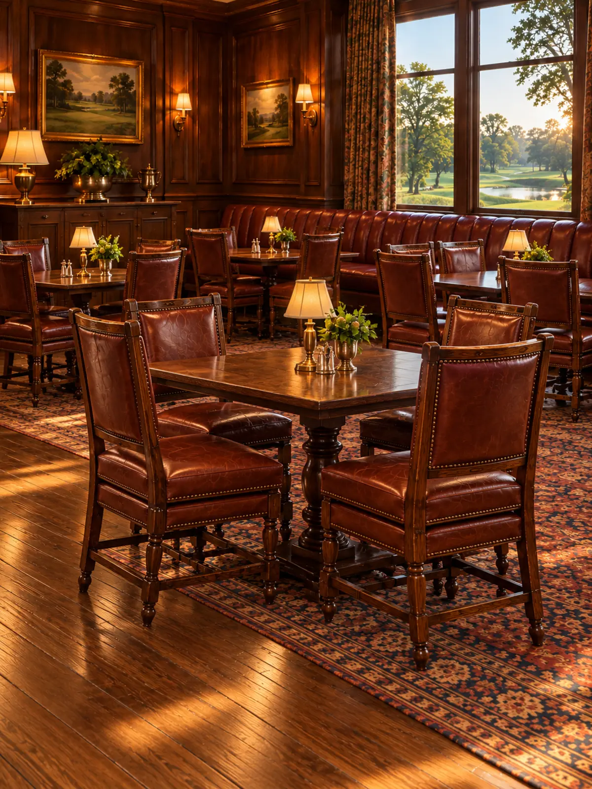 The club grill room reset in the morning with chairs at their tables