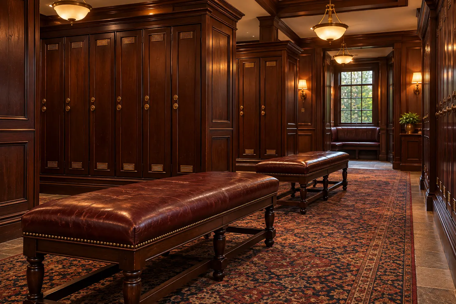 Leather-topped benches between locker rows in a club locker room