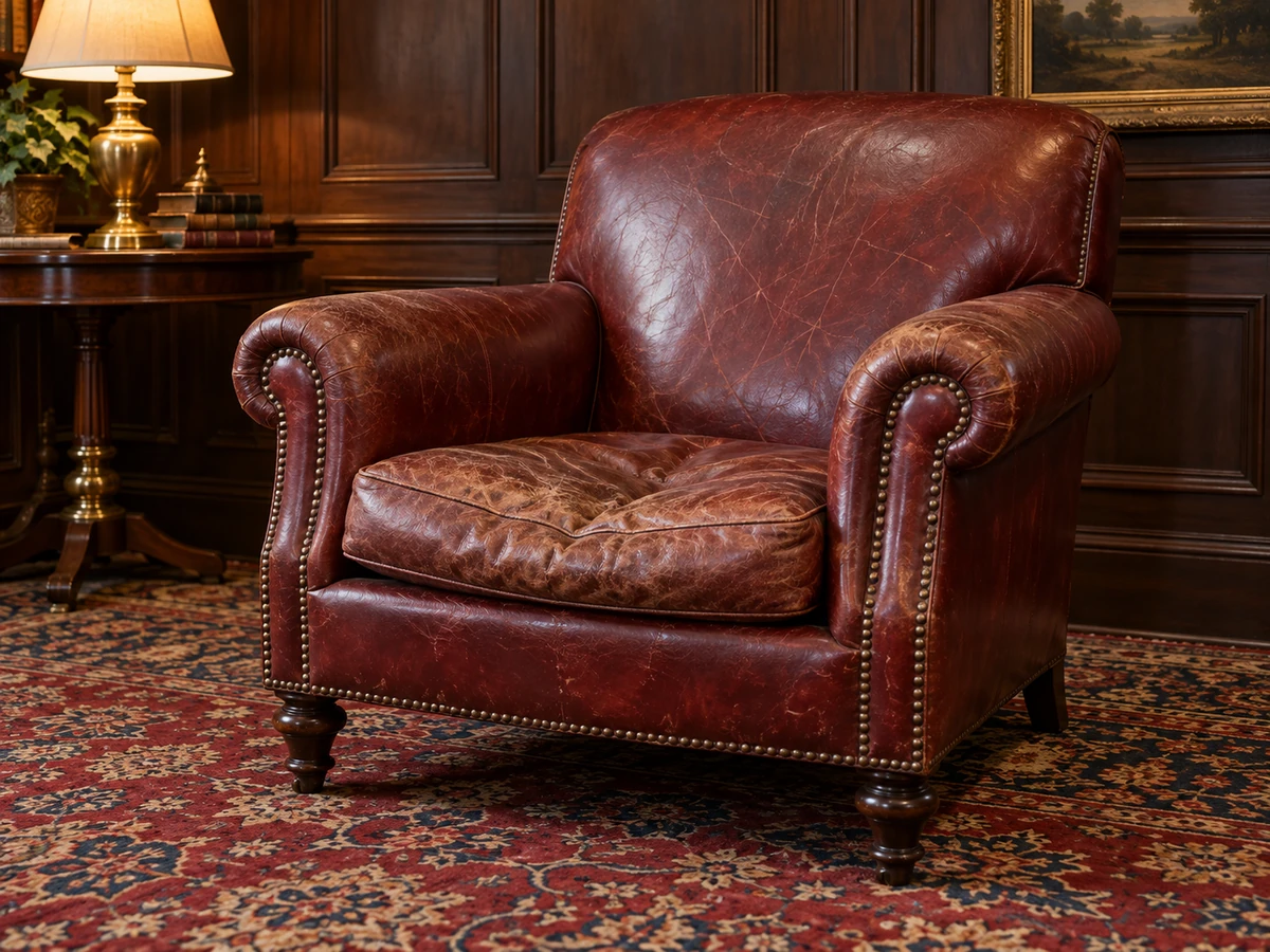 Before: a club lounge chair sitting low with cracked, tired leather