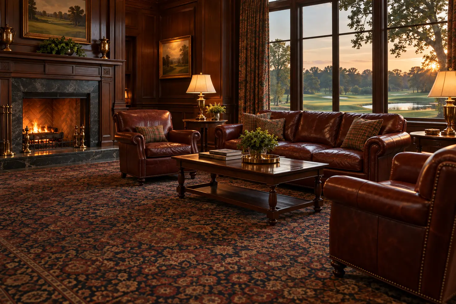 Oxblood leather club chairs and a sofa in a clubhouse lounge