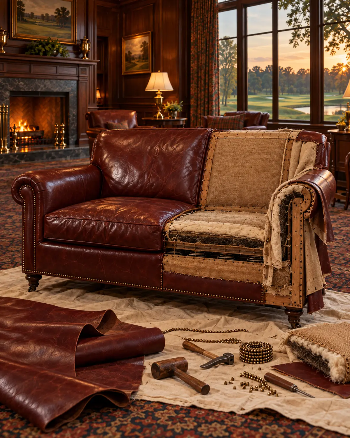 Lounge seating in a clubhouse being recovered