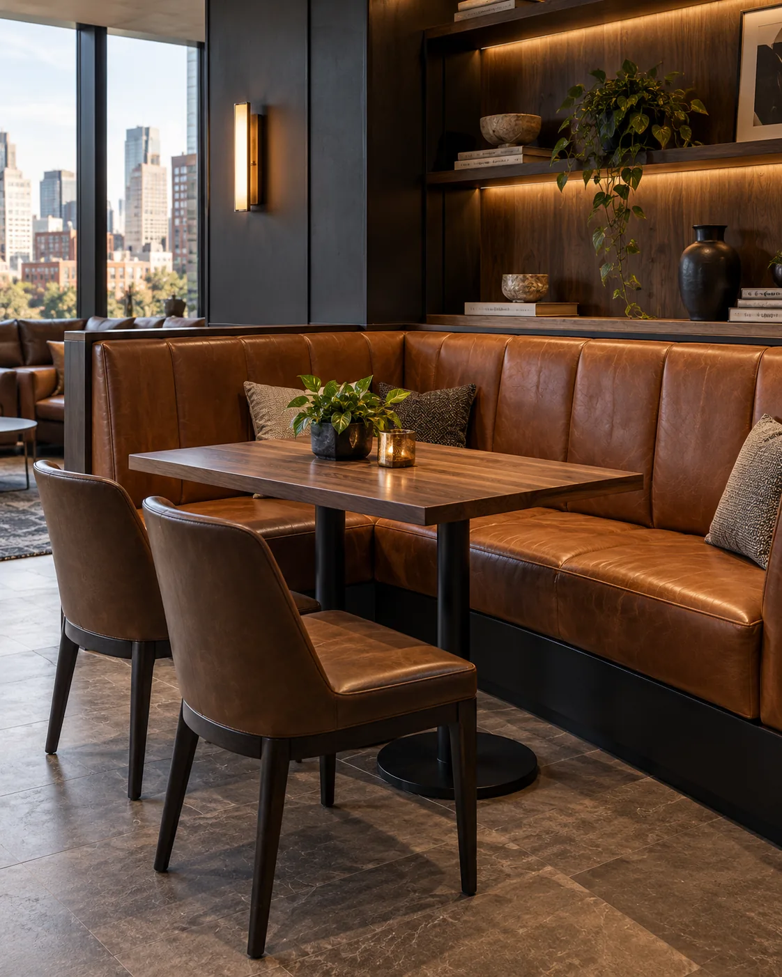 A cognac leather banquette run in a club room