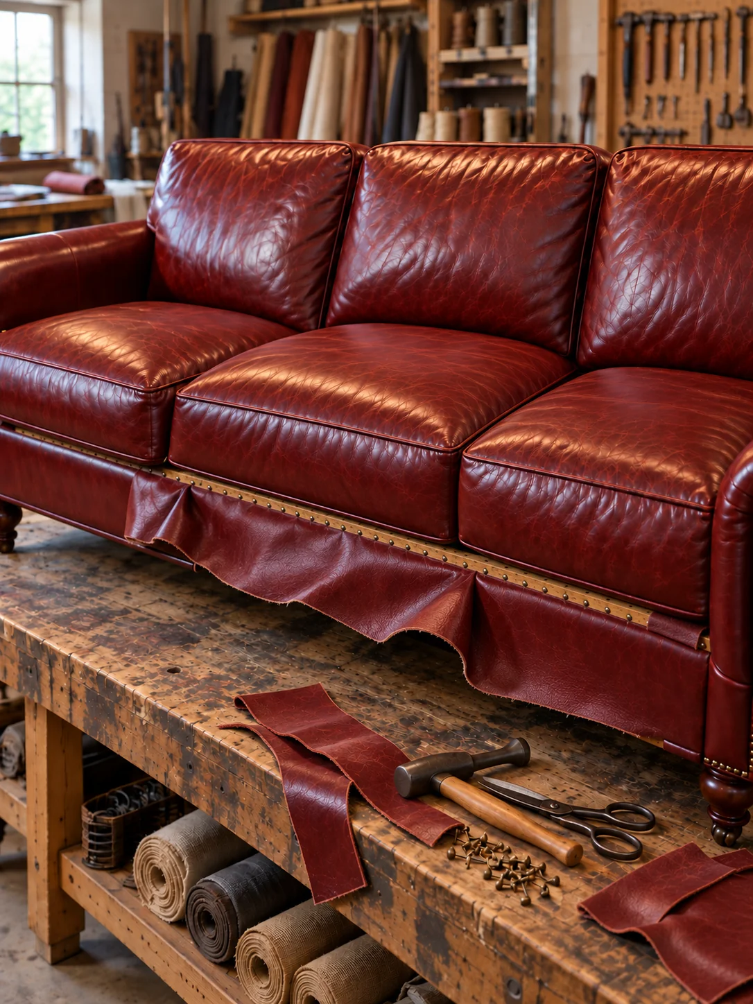 New hide being fitted across a settee seat run on the bench
