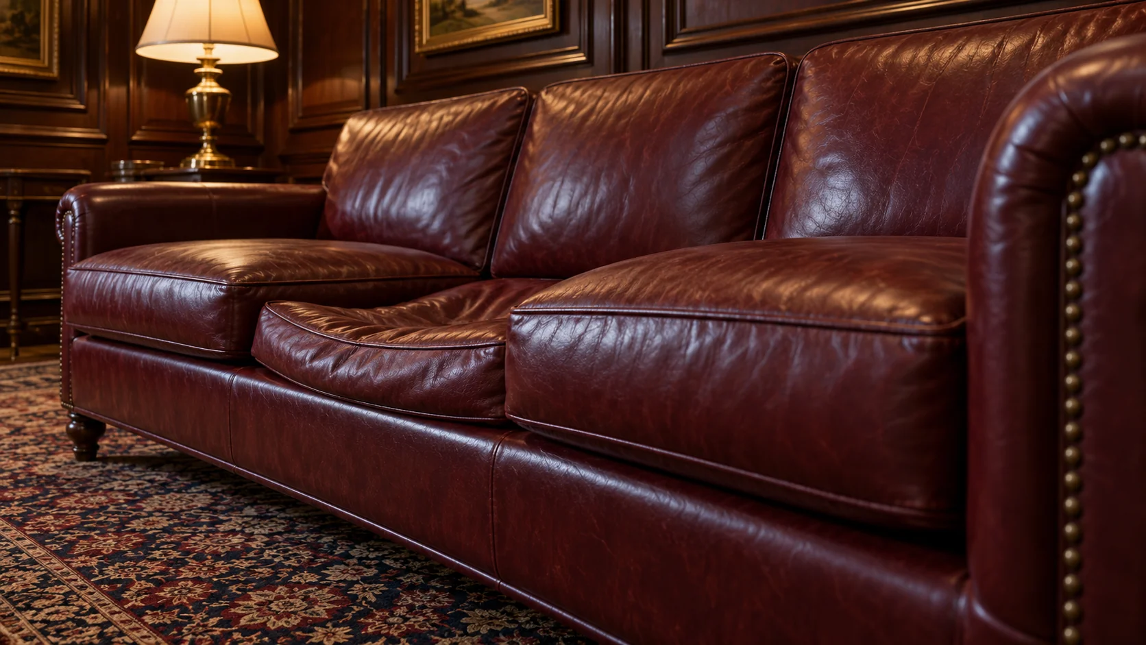 A settee photographed from the end, showing the middle seat sitting lower than the outer two