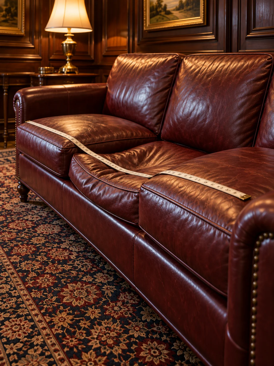 A settee with seat heights being measured during the walkthrough, tape resting on the seat