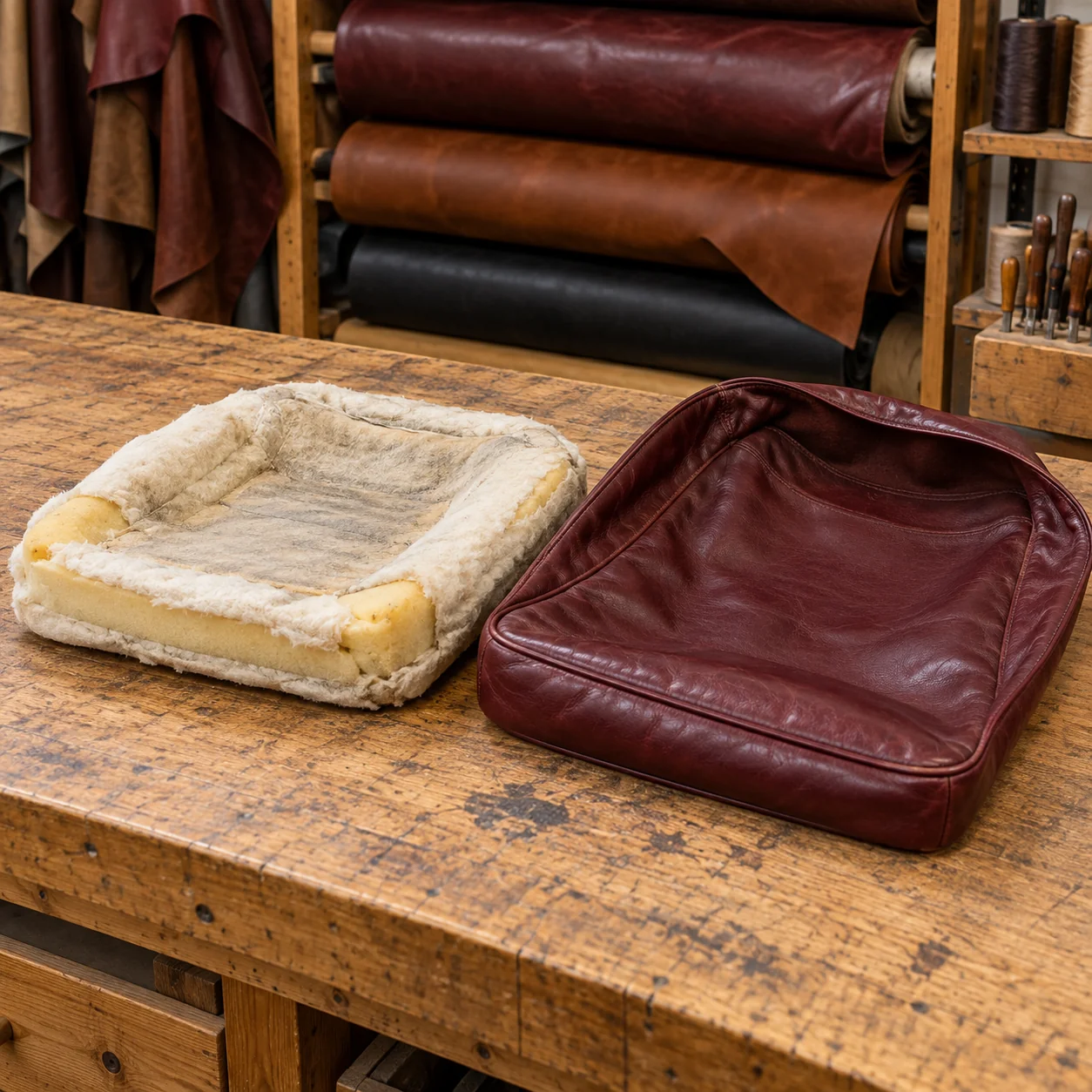 A collapsed cushion filling removed from its leather cover on the bench