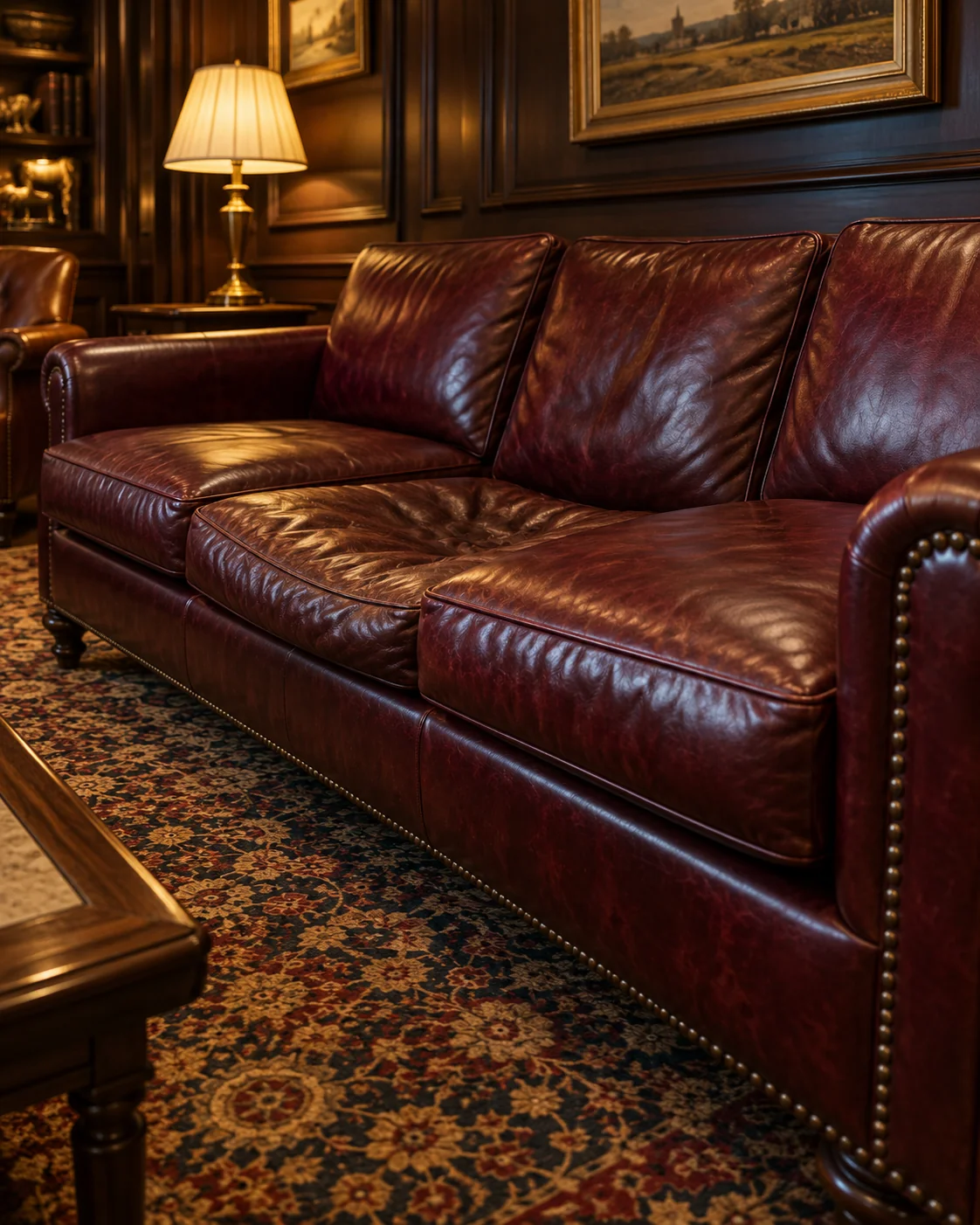 The end seat of a club sofa, darker and more creased than the rest