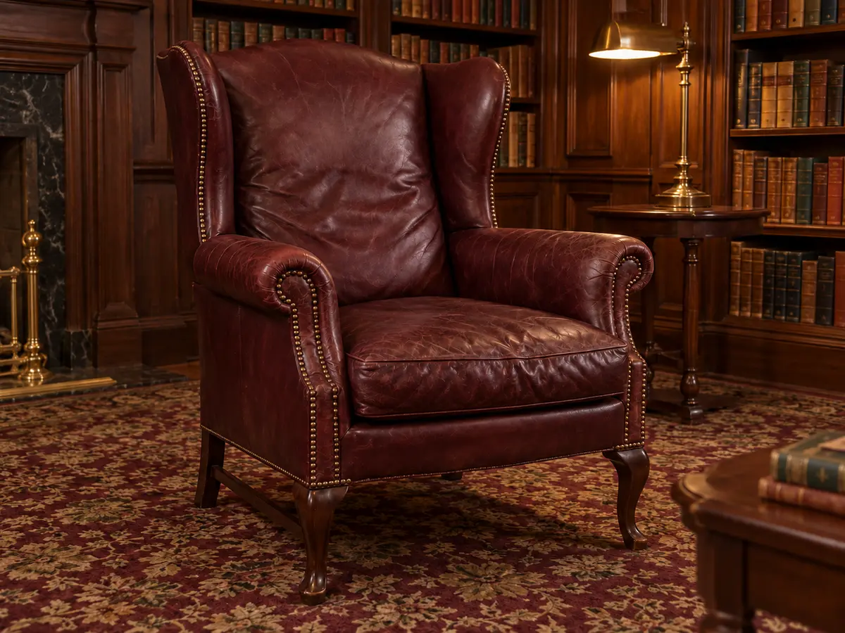 After: the same wingback restored, color deep and sheen low