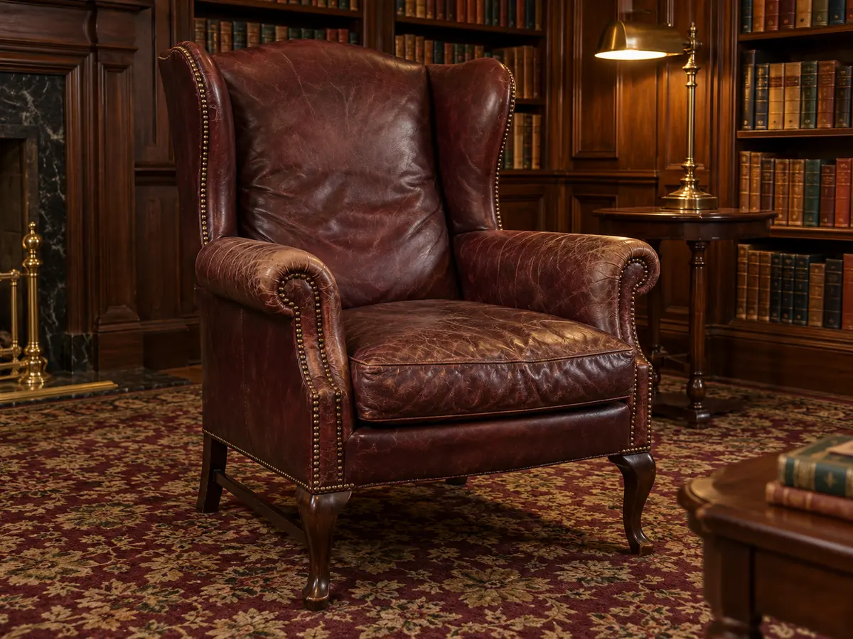 Before: a dry, pale-armed oxblood wingback in the clubhouse