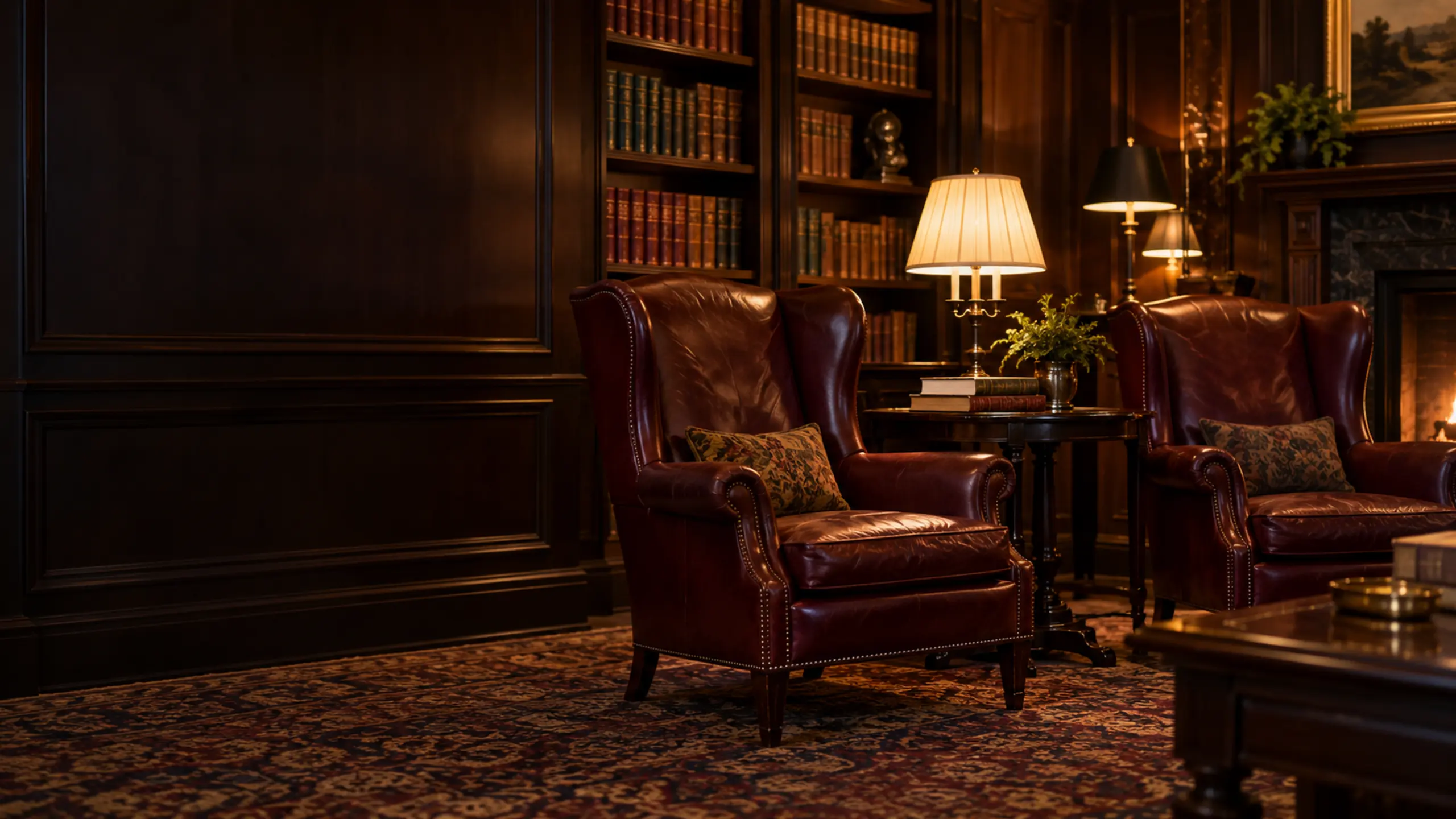 Antique leather chairs in a lamp-lit library