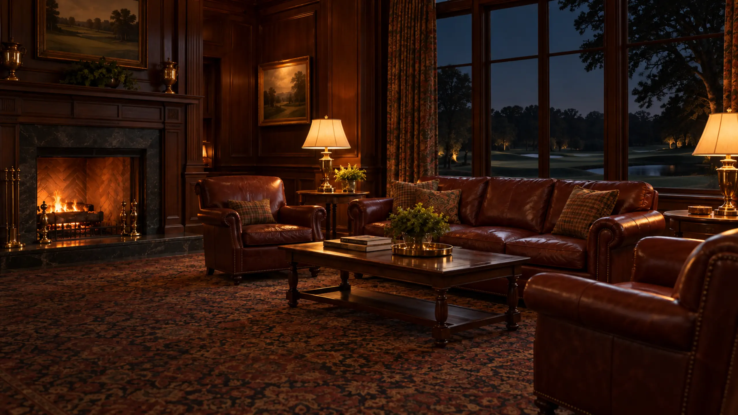 A clubhouse lounge in the evening, chairs empty and lamps lit