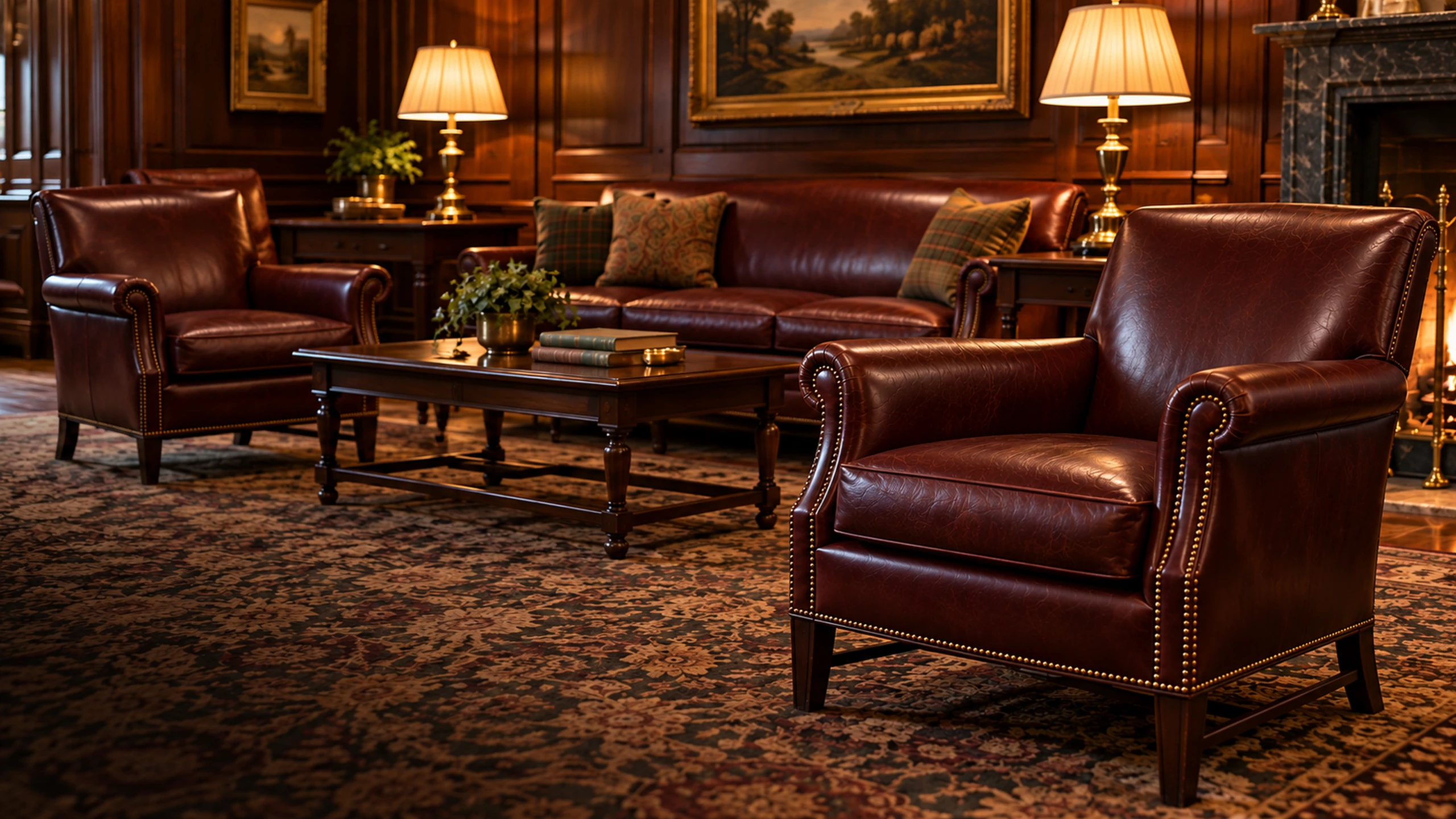 A clubhouse lounge in the evening with freshly reupholstered leather seating