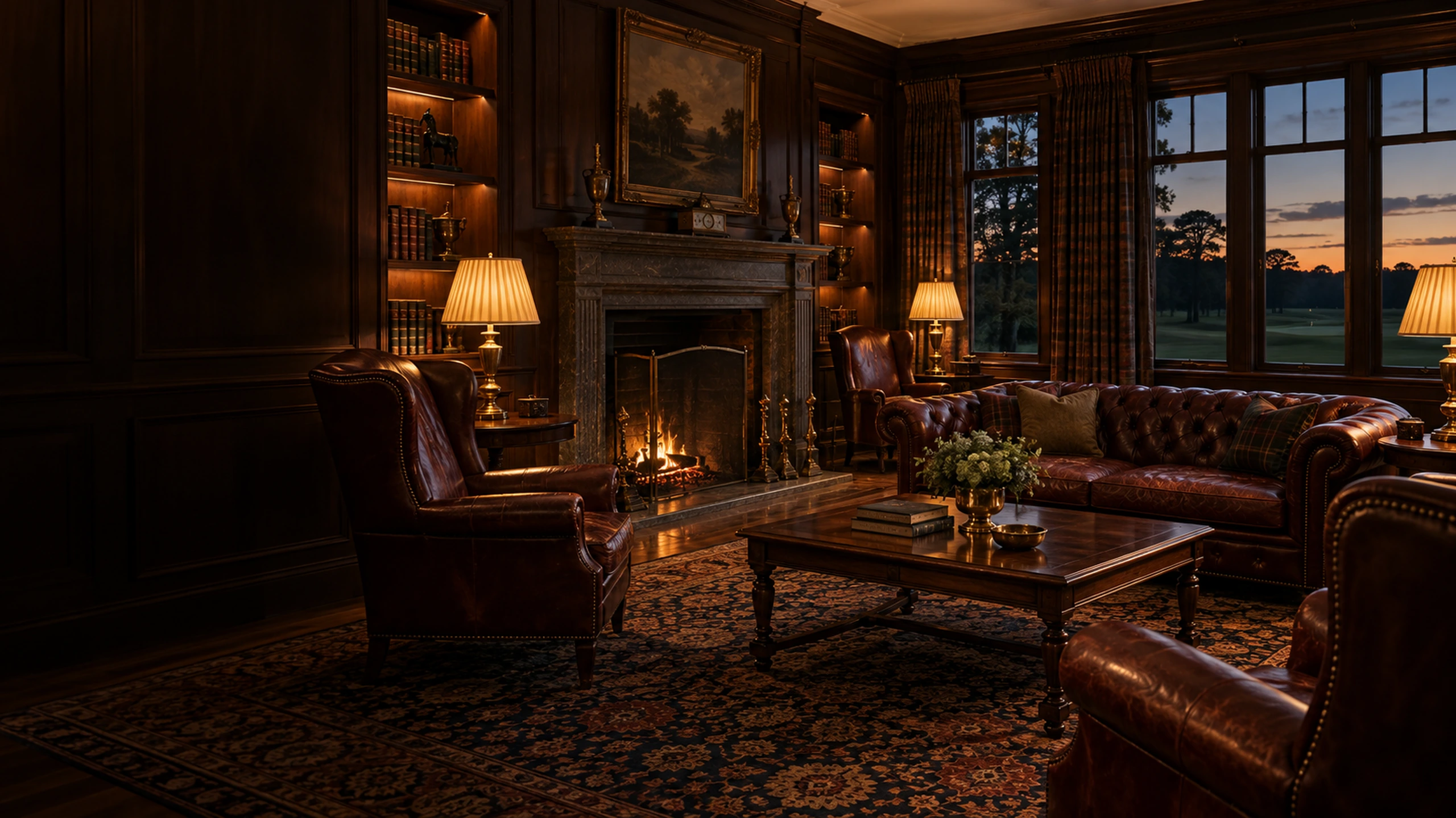 A clubhouse reading room in the evening, leather chairs empty by the fire