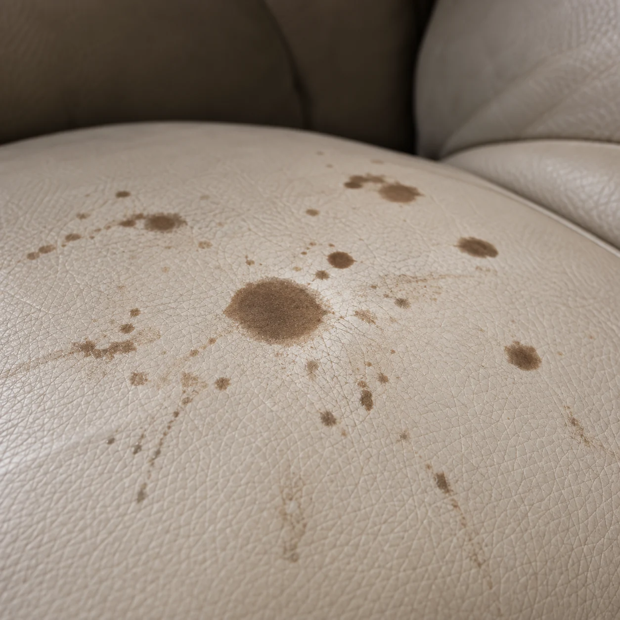 Brown coffee splatter stains across the ivory leather arm of a massage chair