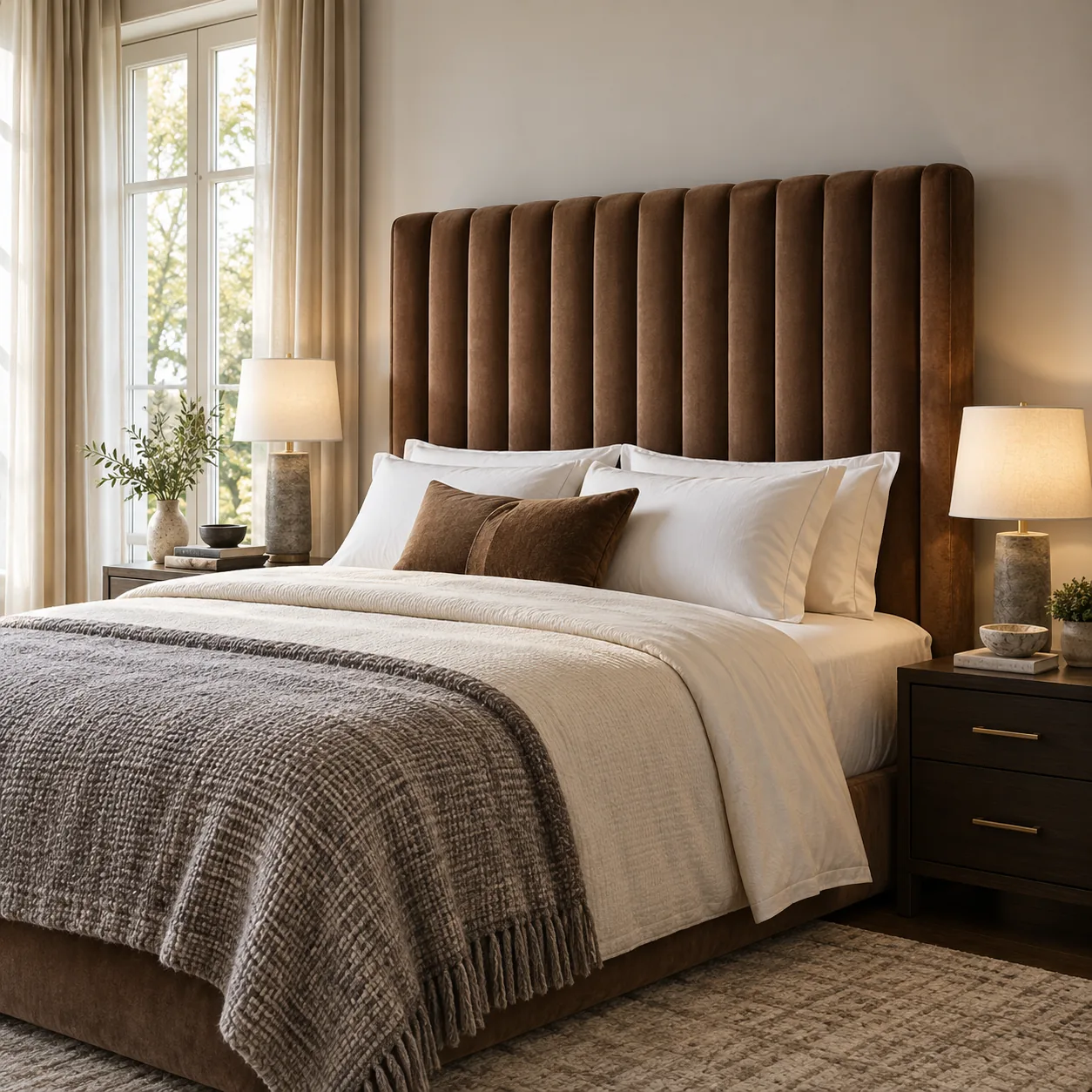 Cognac channel-tufted headboard with rounded top corners