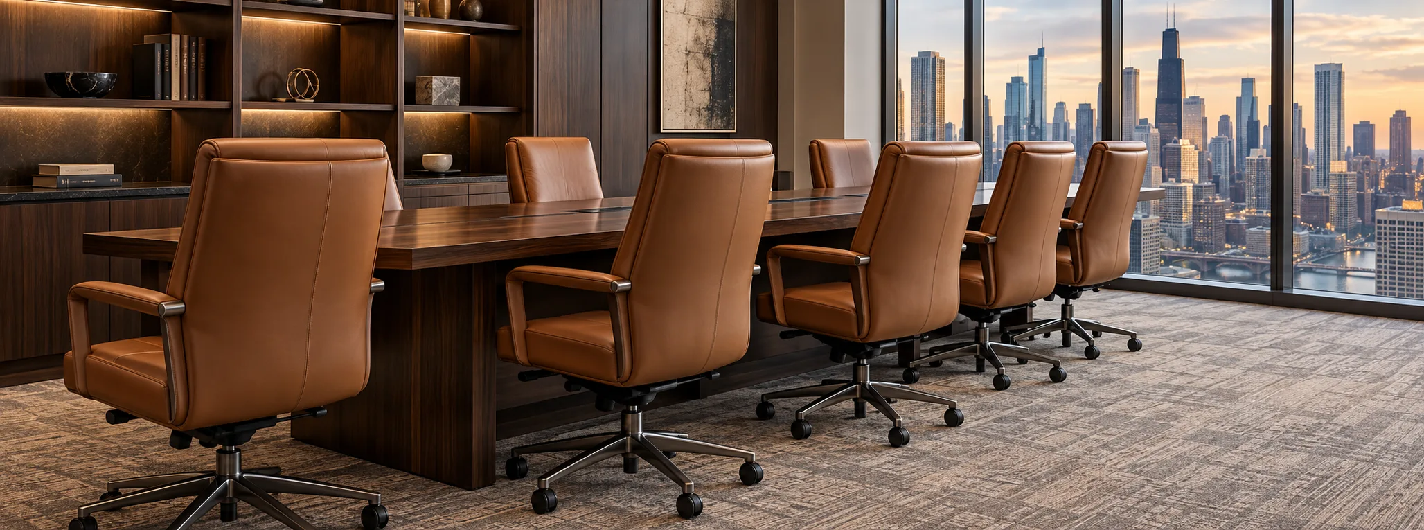 Cognac leather chairs along a boardroom table