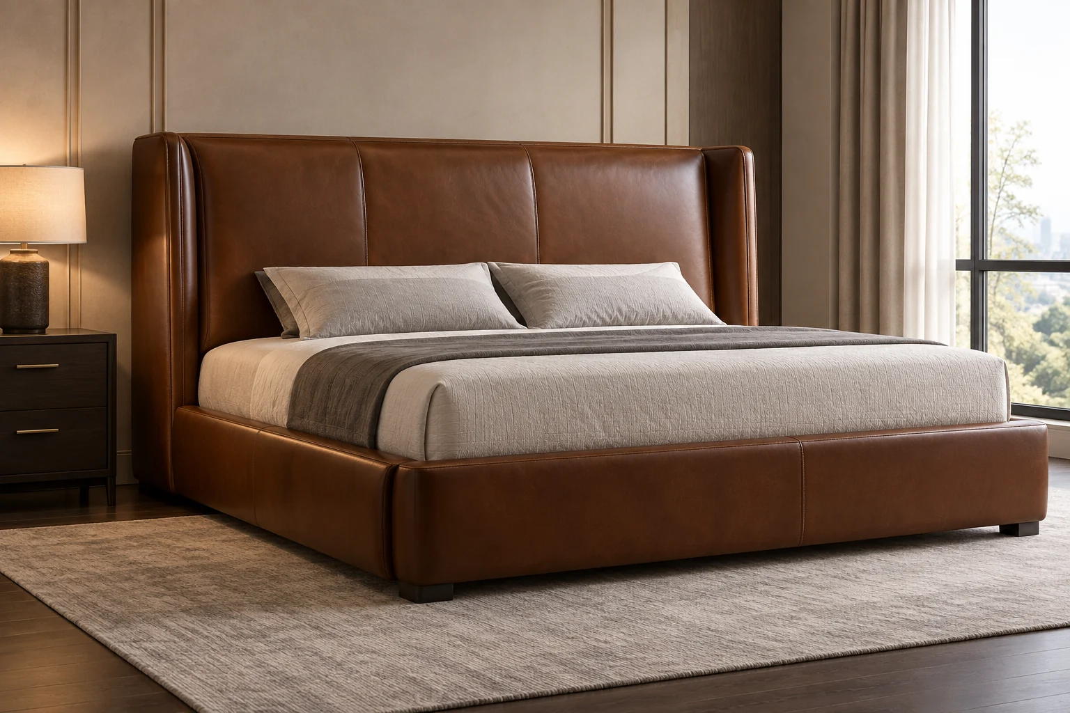 Cognac leather bed with a curved barrel headboard and a low profile beside a city window
