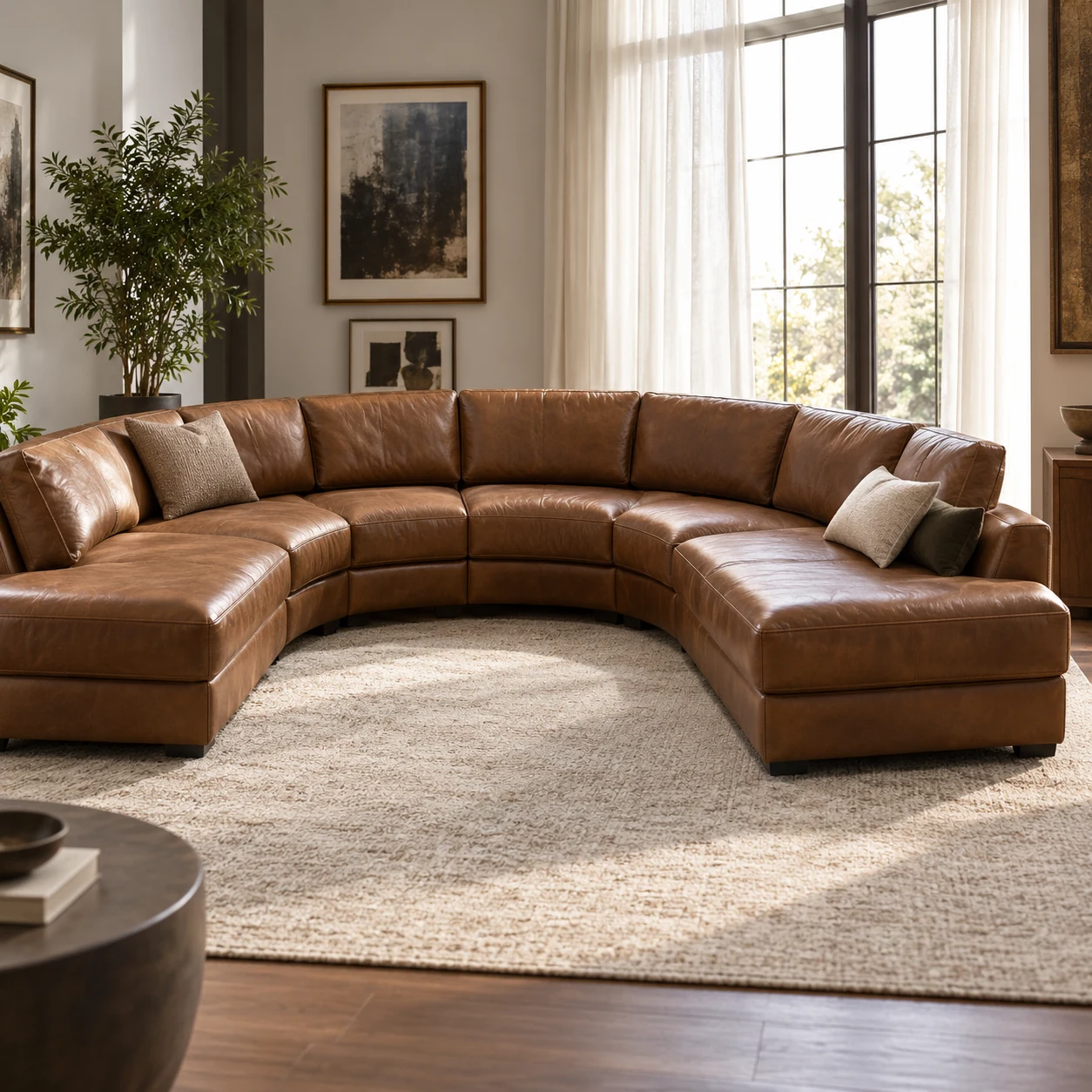 Curved cognac leather sectional in a family room