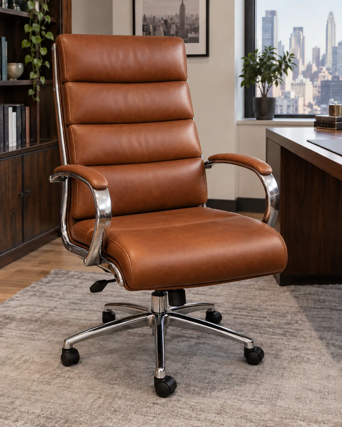 After: the same cognac leather executive chair reupholstered