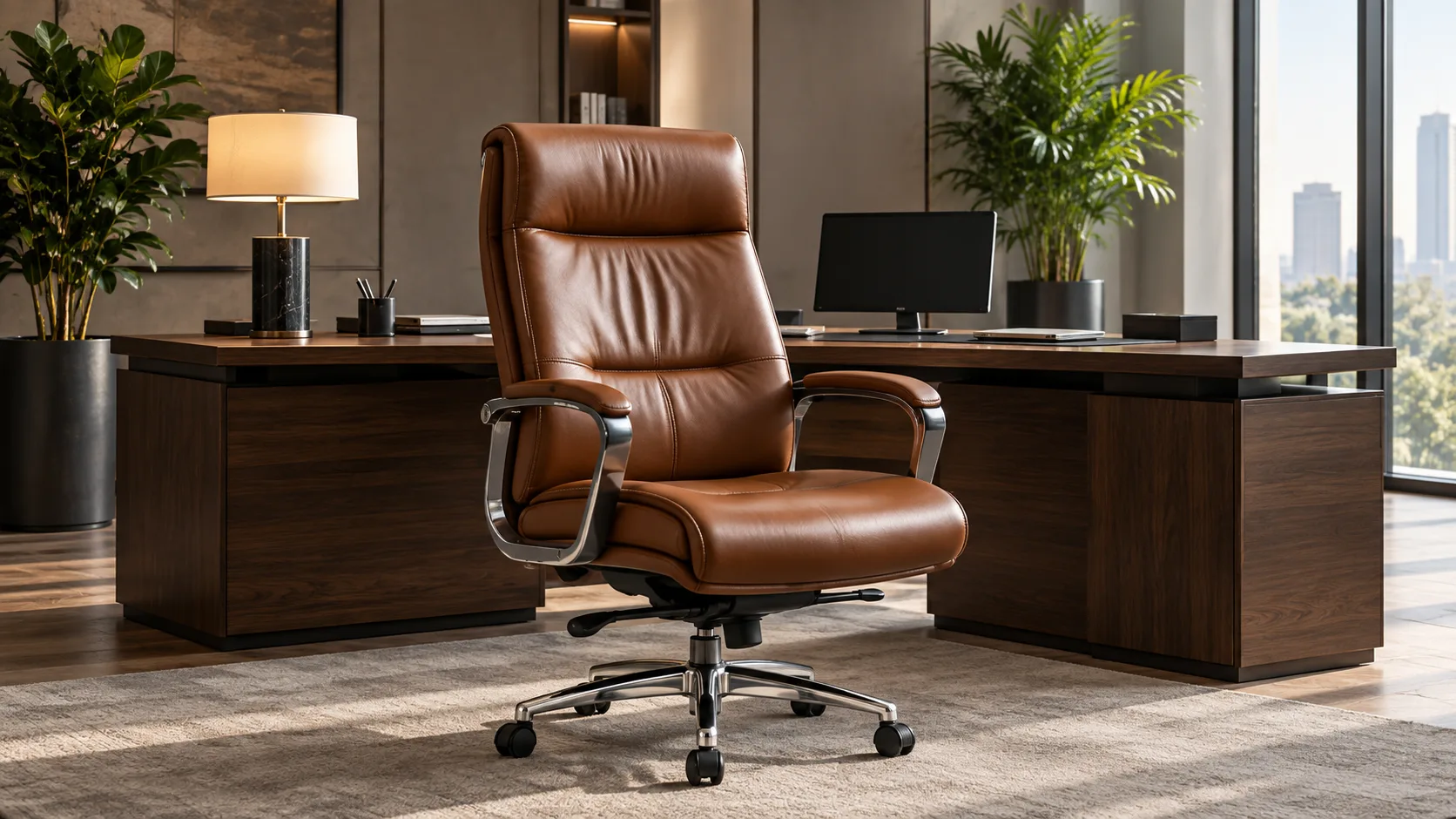 Walnut executive desk with a cognac leather chair