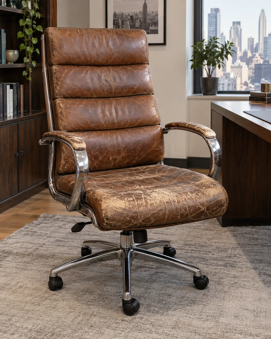 Cognac executive chair with a worn seat