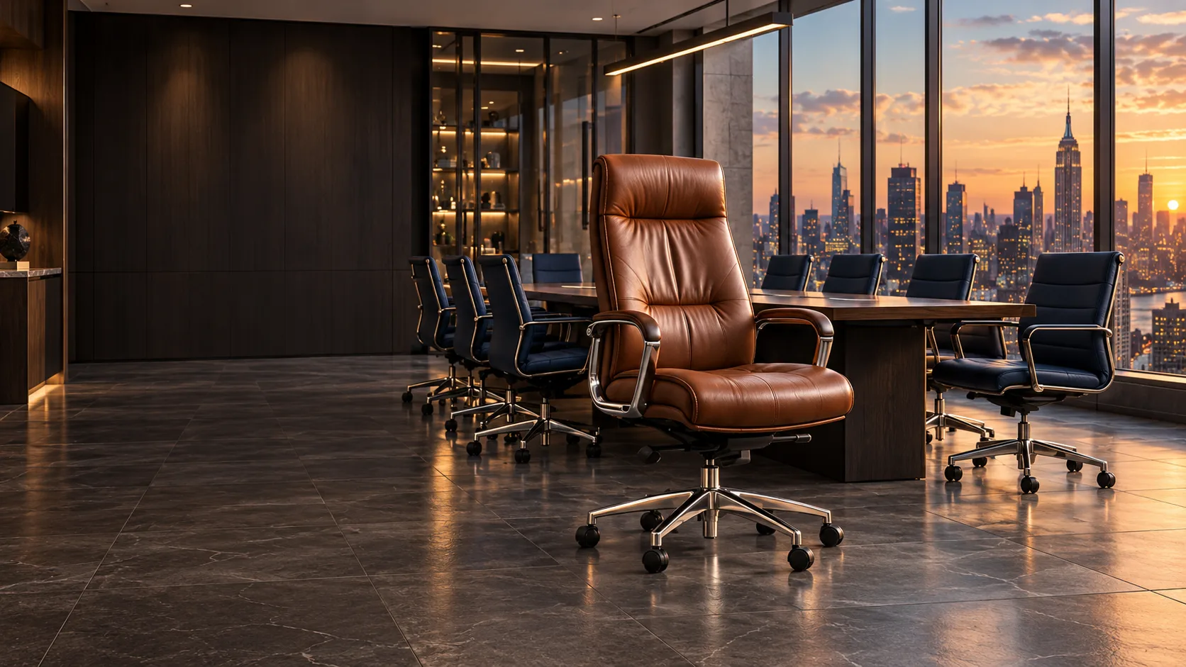 Cognac leather executive chair at a boardroom table with the Manhattan skyline behind it