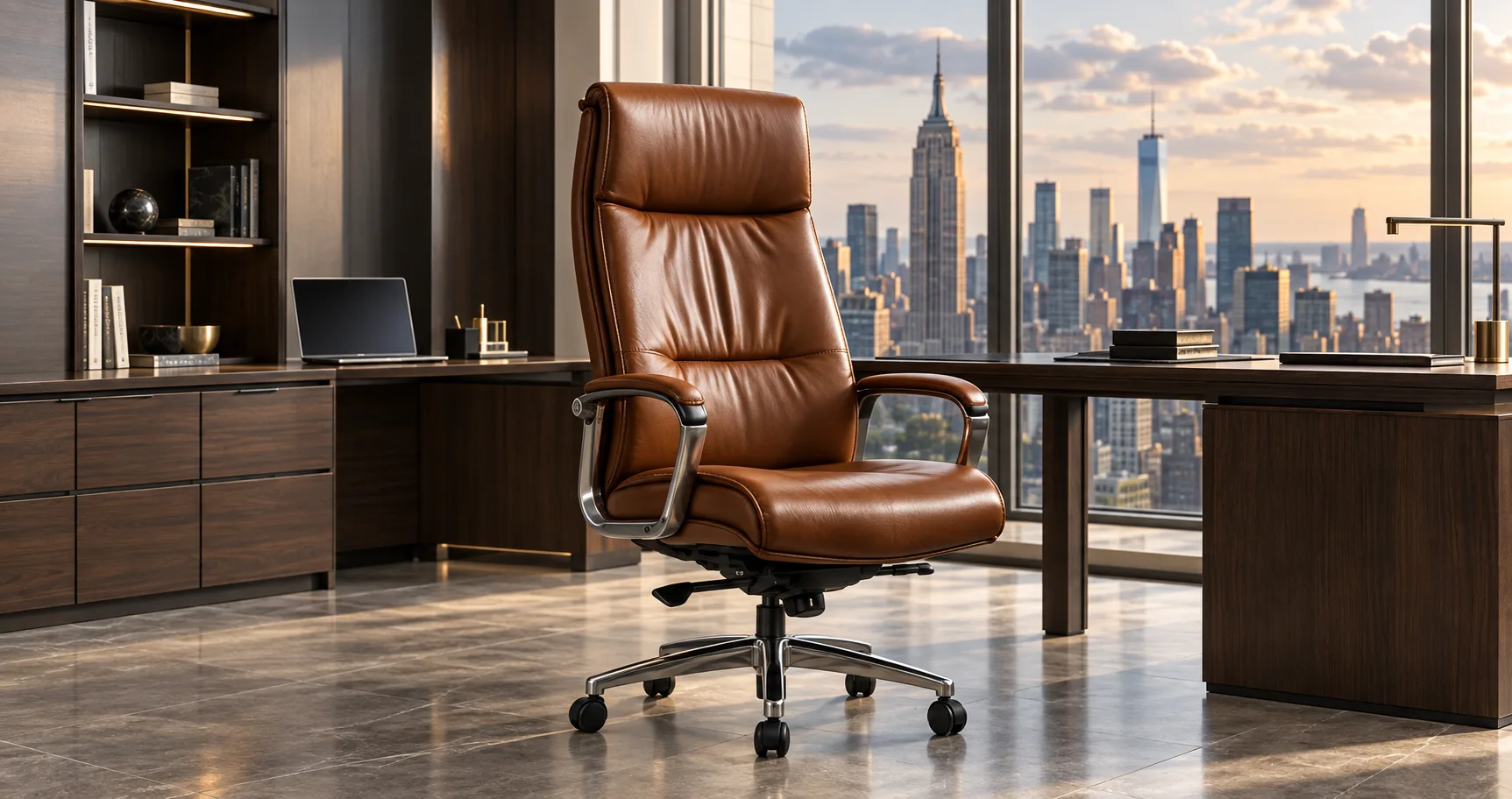 Cognac leather executive chair in a home office overlooking the Manhattan skyline