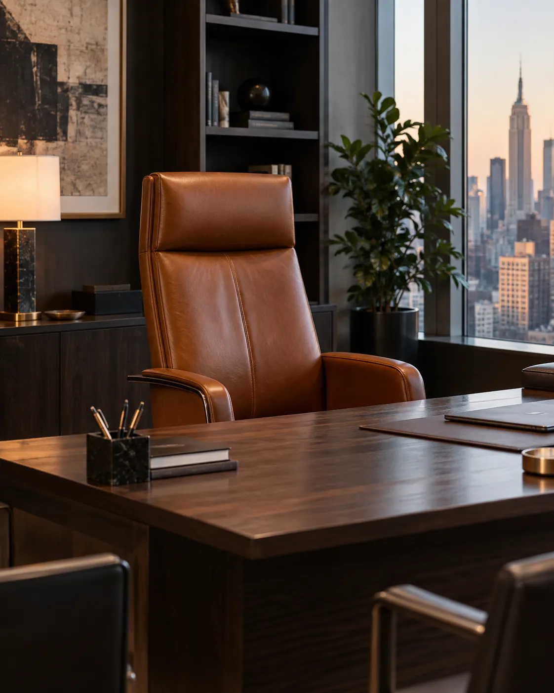 A cognac executive chair in a private office